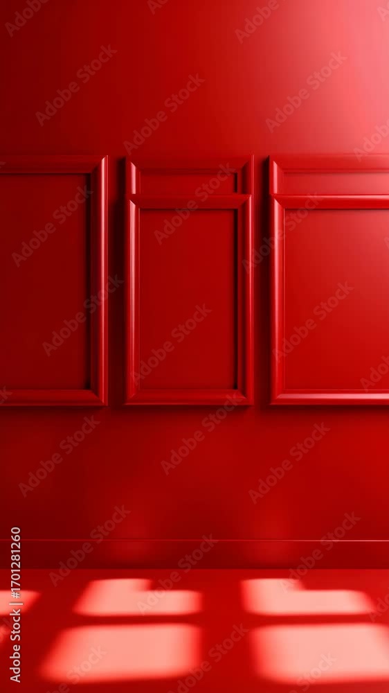 Poster vivid red wall with three classic decorative frames and floor with window light pattern in studio