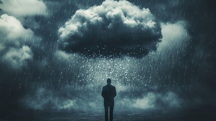 Fototapeta premium a figure, with raindrops turning into fragmented thoughts, symbolizing stress and depression, minimalist style, soft-focus gloomy background on blurred background