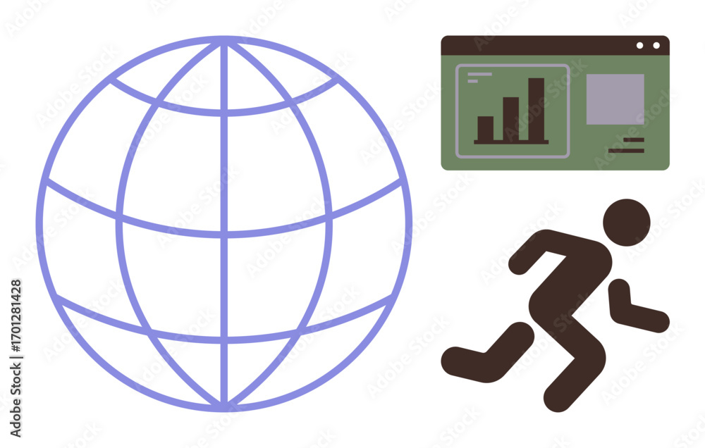 Aufkleber globe signifying global connectivity, analytics represented on a data dashboard, and a running figur