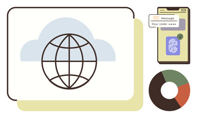 Globe inside cloud symbolizing global access, mobile device with fingerprint and code for security, pie chart for analysis. Ideal for technology, security, authentication, analytics, cloud computing