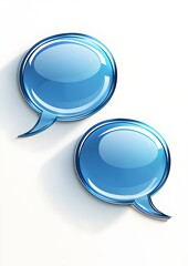 Two overlapping blue speech bubbles with smooth white borders, placed in a minimalistic design style, floating on a plain white background, highly detailed and realistic