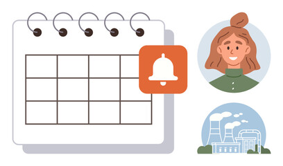 Spiral calendar with bell icon for a reminder, woman portrait in profile, and industrial factory illustration. Ideal for scheduling, notifications, reminders, business planning, personal management
