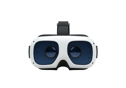 Modern virtual reality headset with white casing and dark lenses on a black background