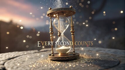 Vintage hourglass on a stone surface with sparkling background emphasizing the theme of time and urgency in a beautiful landscape