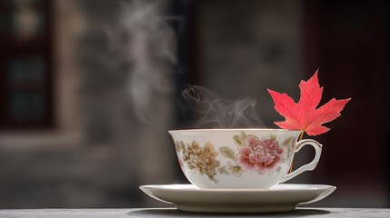A delicate porcelain teacup with chrysanthemum motifs, paired with a red maple leaf and steam.