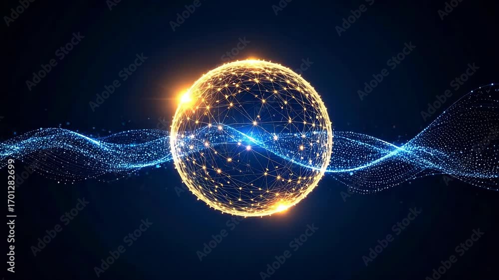 Poster abstract glowing sphere connected by digital network with waves on a dark backdrop for technology fu