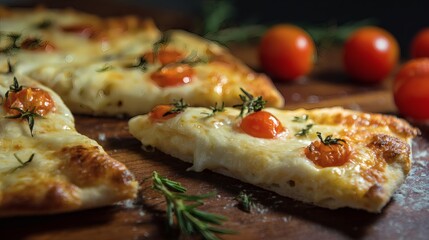 Vegetarian pizza with cherry tomatoes and melted mozzarella, garnished with fresh herbs.