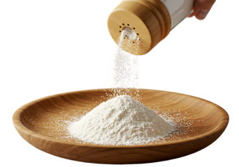 Close up of white powder being sprinkled from a wooden shaker onto a wooden bowl filled with powder