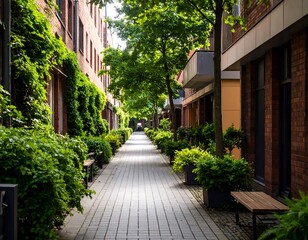 Obraz premium Urban alleyway lined with greenery