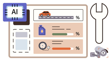 AI-powered interface tracking vehicle data thumbs up mileage, oil levels, tire condition. Includes repair wrench, security camera. Ideal for automotive analytics, diagnostics, AI integration, tech