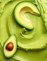 Two halves of a fresh avocado rest on a swirled backdrop of vibrant green avocado paste, showcasing the healthy fruit against a smooth, textured surface.