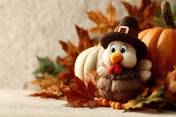 Fototapeta premium Cartoon turkey in a hat peeking out from behind a pumpkin and fall leaves, space for Thanksgiving greeting