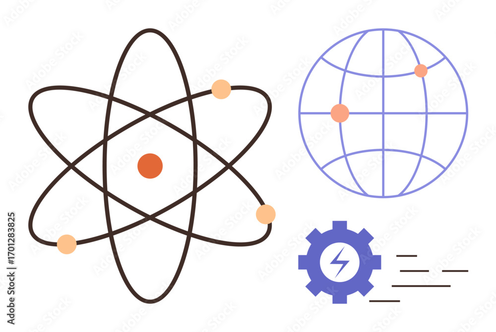 Poster atomic structure with orbiting particles, globe with grid lines, and gear with lightning bolt. ideal
