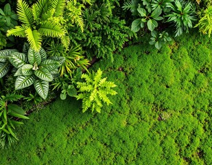 Lush green moss blankets the garden floor, creating a vibrant, soft carpet among colorful flowers and leafy plants, enhancing the serene outdoor atmosphere.