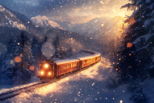 Winter railway train in the snow near an urban station with tracks and platform visible