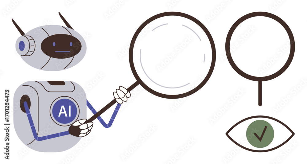 Poster robot labeled ai holding a magnifying glass inspects objects beside an eye and checkmark. ideal for 