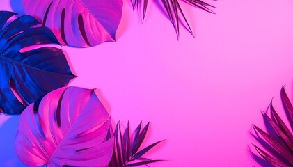 Vibrant pink and blue tropical leaves gracefully overlap against a sunny, bright background, creating a lively and exotic atmosphere perfect for summer themes.
