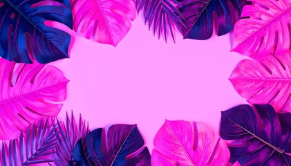 Vibrant pink and blue tropical leaves elegantly arranged on a crisp white background, creating a fresh and lively contrast that enhances any design.
