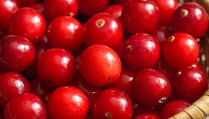 Close-up view of numerous vibrant red plums densely packed in a basket, showcasing a rich, juicy appearance.