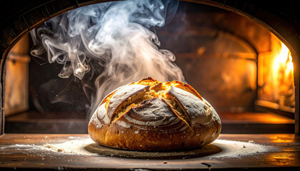 Freshly baked bread with steam rising inside traditional wood fired oven, showcasing golden crust and rustic texture, evoking warmth and artisanal baking craftsmanship
