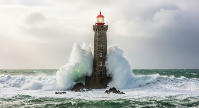 Dramatic lighthouse amidst crashing ocean waves symbolizing guidance and resilience