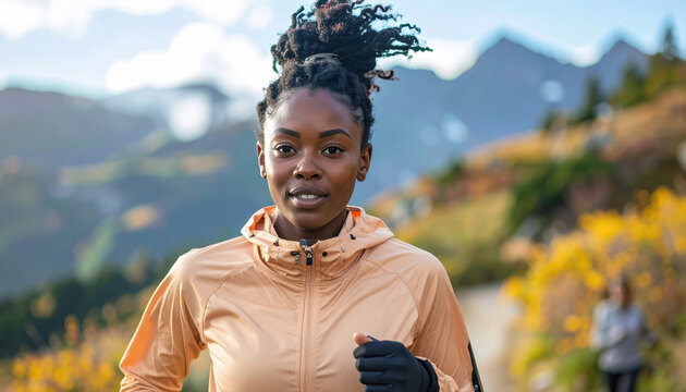 Athlete outdoor running fitness woman nature mountain exercise healthy sport active trail jacket jogging workout health endurance energy determination strength wellness lifestyle training motion
