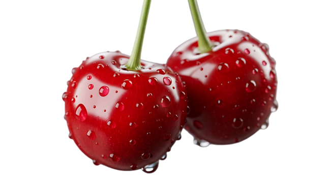 Two ripe red cherries with water droplets hanging on stems against a black background