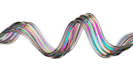Abstract Wavy Glass Ribbon with Iridescent Color Stripes on White Background.