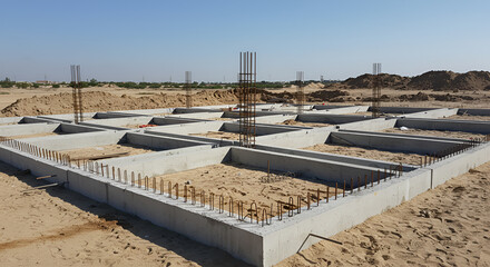Construction site shows concrete foundation with rebar pillars and sand surroundings under a clear sky.