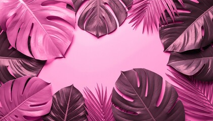 Vibrant pink tropical leaves gracefully spread across a soft pastel background, creating a lively and serene atmosphere perfect for summer-themed designs.