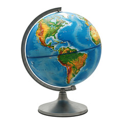 Detailed globe of earth showing continents and oceans on a stand against a black background