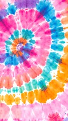 A vibrant tie-dye pattern featuring swirling hues of pink, blue, and orange, creating a lively and dynamic visual effect that captures attention.