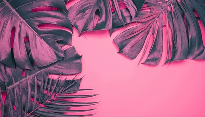 Vibrant tropical leaves in various shades of green are artistically arranged against a soft pink background, creating a lively and fresh atmosphere.