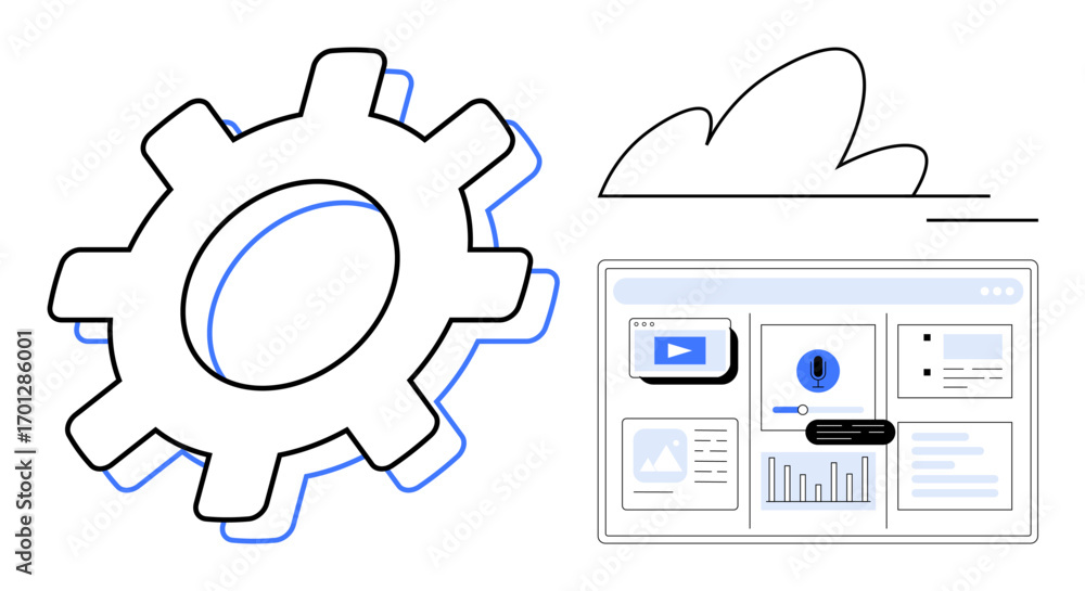 Poster gear wheel beside a cloud and web interface showing charts, media, and alerts. ideal for technology,