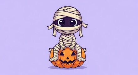Cute cartoon mummy sitting on a halloween pumpkin against a light purple backdrop