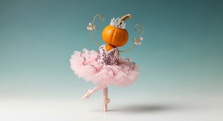 Pumpkin ballerina with pink tutu and tiara dancing against a gradient backdrop