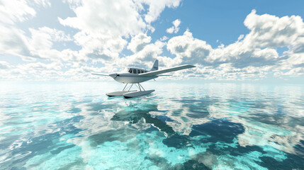 Naklejka premium A digital illustration of an airplane gliding peacefully above an ocean with calm, transparent waters reflecting the sky.