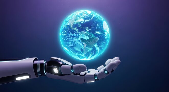 Robotic hand holds glowing blue earth globe technology future concept