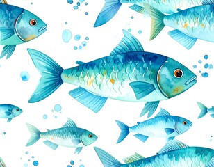 Watercolor fish pattern on white background
