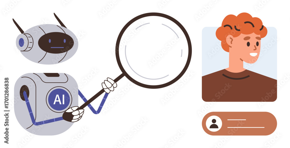 Poster ai robot holding magnifying glass examining user profile, representing data analysis, user identific