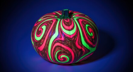 Swirling neon green and pink painted pumpkin glowing under a dark blue light