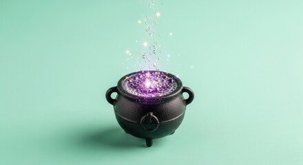 Bubbling cauldron with magical potion on a light green background for halloween use