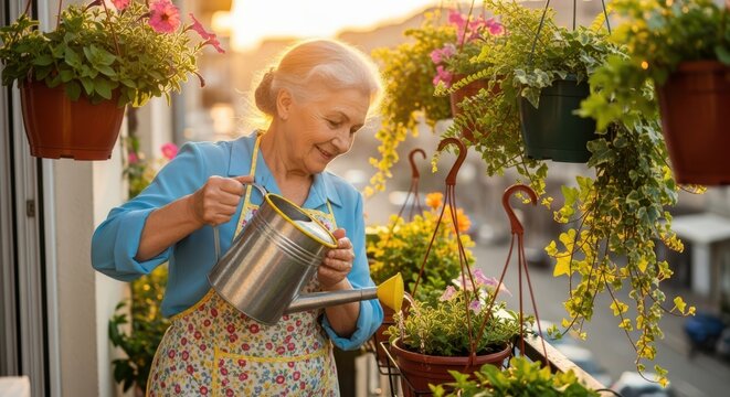Woman happily waters plants on balcony with sunlight creating warm glow summer gardening hobby - Powered by Adobe