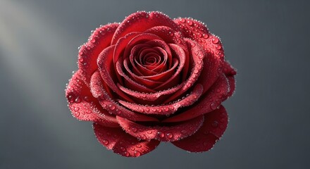 Closeup of a vibrant red rose covered in water droplets against a gray background