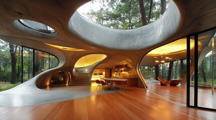 Modern home with organic curves, open to the forest with large windows. Interior with wood flooring and warm lighting