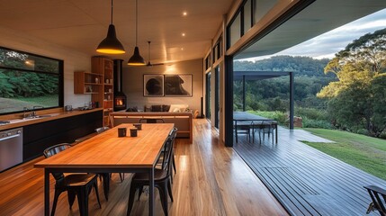 Modern cabin interior with open-air deck, dining area, kitchen, and nature view