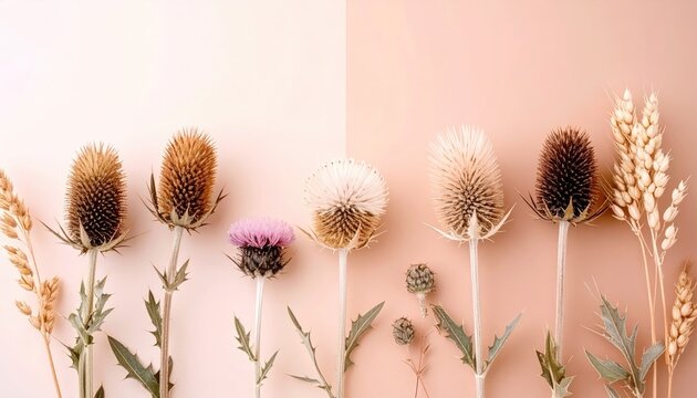 Dried Flowers and Wheat on Pale Pink and Beige Background - Powered by Adobe