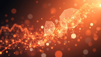 Abstract data visualization with floating geometric shapes and light particles.