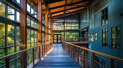 Obraz premium Architectural interior featuring a long wooden walkway with large windows, showcasing natural light and forest views