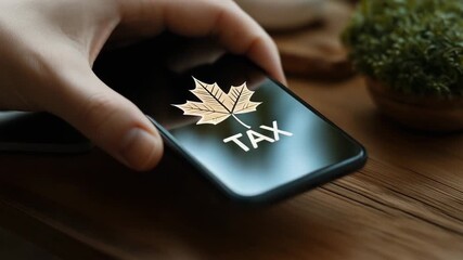 A cell phone with the word tax on it. The phone is on a table. Minimal conceptual maple leaf icon over smartphone with tax icon overlay, clean muted, Canada digital services tax - Powered by Adobe